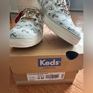 Keds Kids White Sneakers with Blue Anchor Print